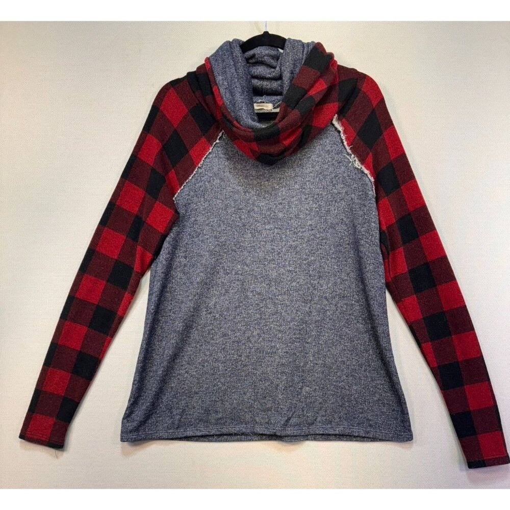 12PM By Mon Ami Womens Cowl Neck Plaid Sleeve Sweatshirt Top S Blue